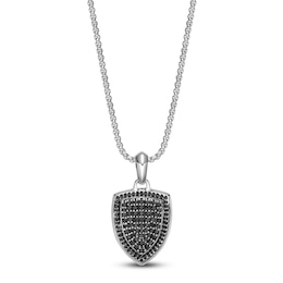 Men's Natural Black Spinel Shield Necklace Sterling Silver 24"
