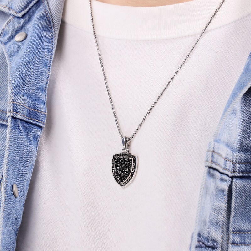 Main Image 6 of Men's Natural Black Spinel Shield Necklace Sterling Silver 24"