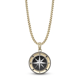 Men's Natural Black Agate & Black Spinel Compass Necklace Stainless Steel & Yellow Ion Plating 24"