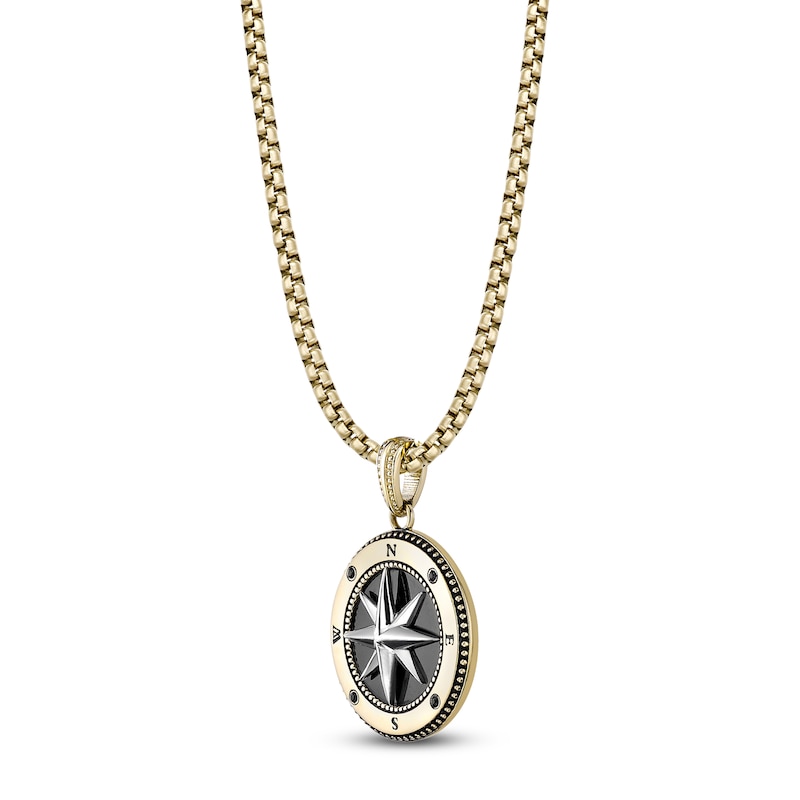 Main Image 2 of Men's Natural Black Agate & Black Spinel Compass Necklace Stainless Steel & Yellow Ion Plating 24"