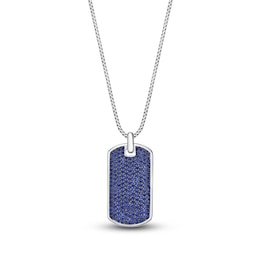 Men's Blue Lab-Created Sapphire Dog Tag Necklace Sterling Silver 24"
