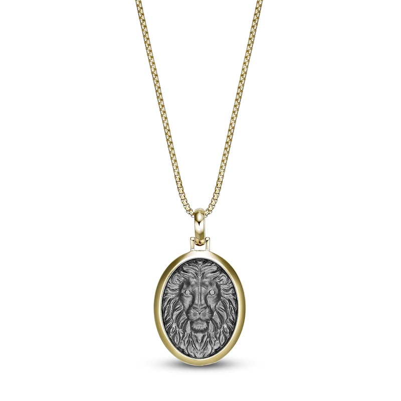 Main Image 1 of Men's Black Diamond Accent Sculpted Lion Necklace Sterling Silver & 14K Yellow Gold Plating 24"