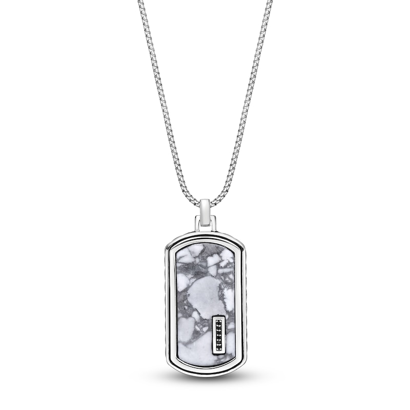 Main Image 1 of Men's Natural Howlite & Black Spinel Dog Tag Necklace Sterling Silver 24"