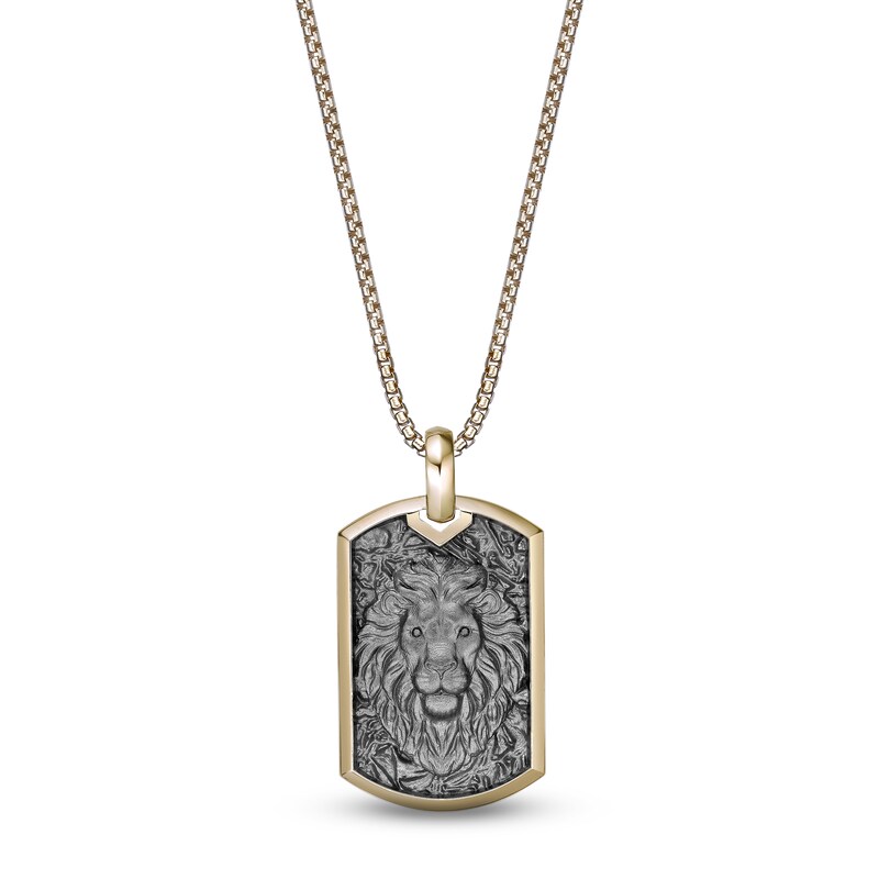 Main Image 1 of Black Diamond Accent Sculpted Lion Dog Tag Necklace 14K Yellow Gold-Plated Sterling Silver