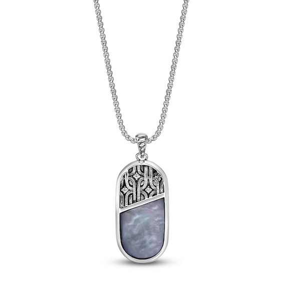 Men's Natural Black Onyx, Natural Black Mother-of-Pearl & White Lab-Created Sapphire Necklace Sterling Silver 24"