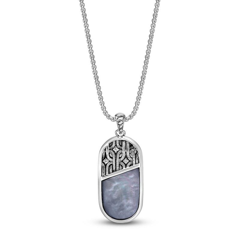 Main Image 1 of Men's Natural Black Onyx, Natural Black Mother-of-Pearl & White Lab-Created Sapphire Necklace Sterling Silver 24"