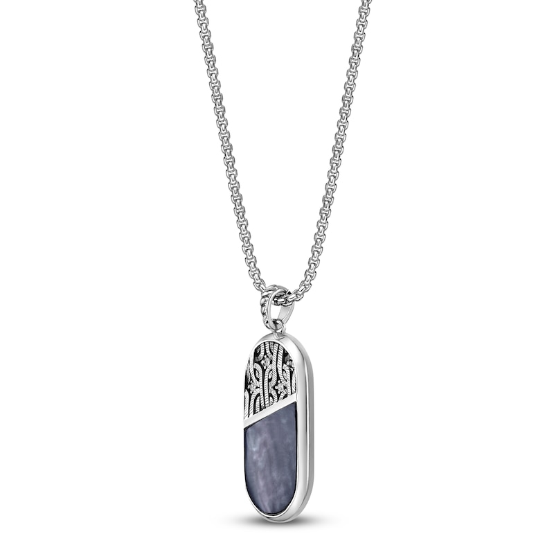 Main Image 2 of Men's Natural Black Onyx, Natural Black Mother-of-Pearl & White Lab-Created Sapphire Necklace Sterling Silver 24"