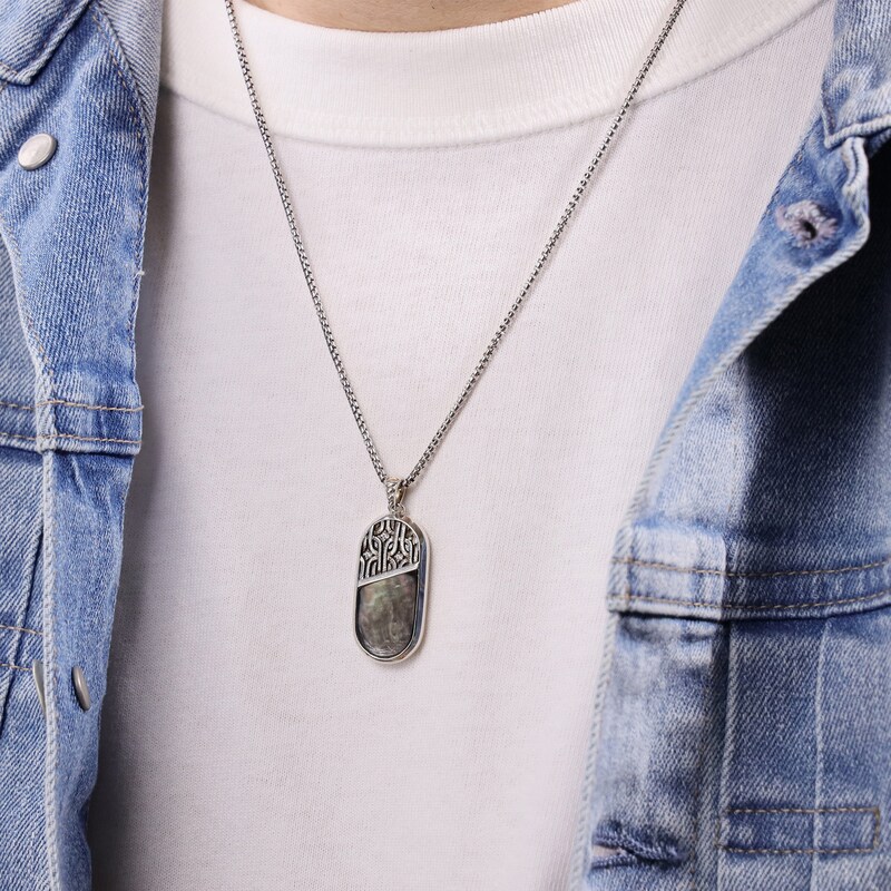 Main Image 5 of Men's Natural Black Onyx, Natural Black Mother-of-Pearl & White Lab-Created Sapphire Necklace Sterling Silver 24"