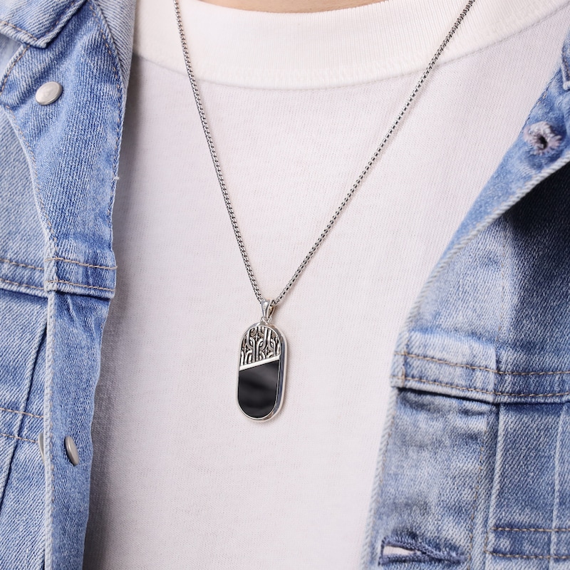 Main Image 6 of Men's Natural Black Onyx, Natural Black Mother-of-Pearl & White Lab-Created Sapphire Necklace Sterling Silver 24"