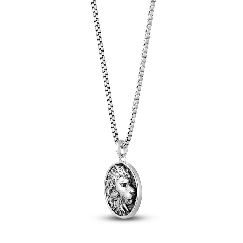 Main Image 2 of Men's Natural Black Spinel Lion Head Circle Necklace Sterling Silver 24"