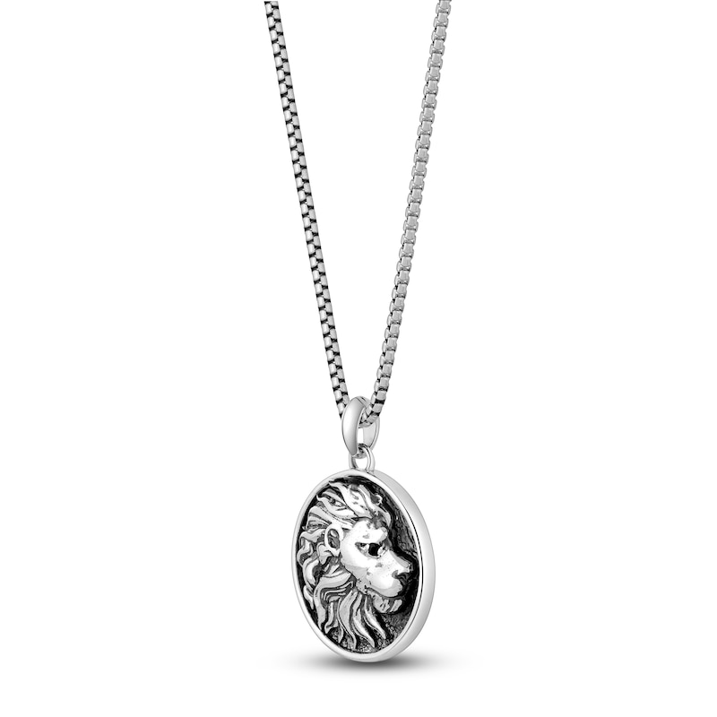 Main Image 3 of Men's Natural Black Spinel Lion Head Circle Necklace Sterling Silver 24"