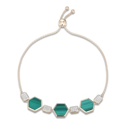 Hexagon-Cut Natural Malachite & Diamond Bolo Bracelet 1/4 ct tw 14K Yellow Gold 9"