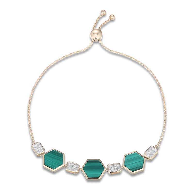 Main Image 1 of Hexagon-Cut Natural Malachite & Diamond Bolo Bracelet 1/4 ct tw 14K Yellow Gold 9"