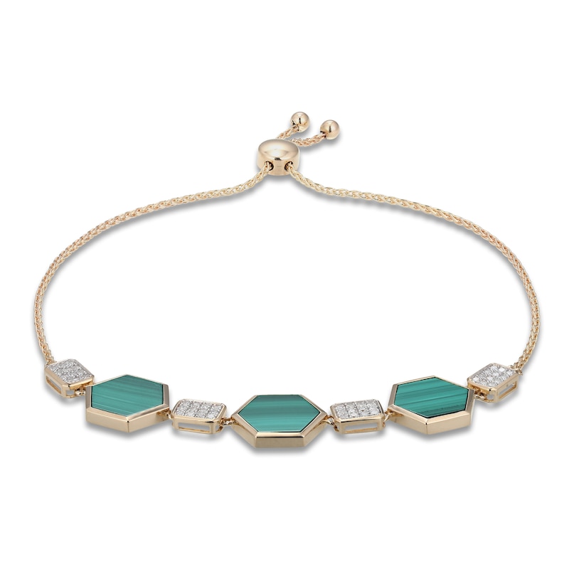 Main Image 2 of Hexagon-Cut Natural Malachite & Diamond Bolo Bracelet 1/4 ct tw 14K Yellow Gold 9"