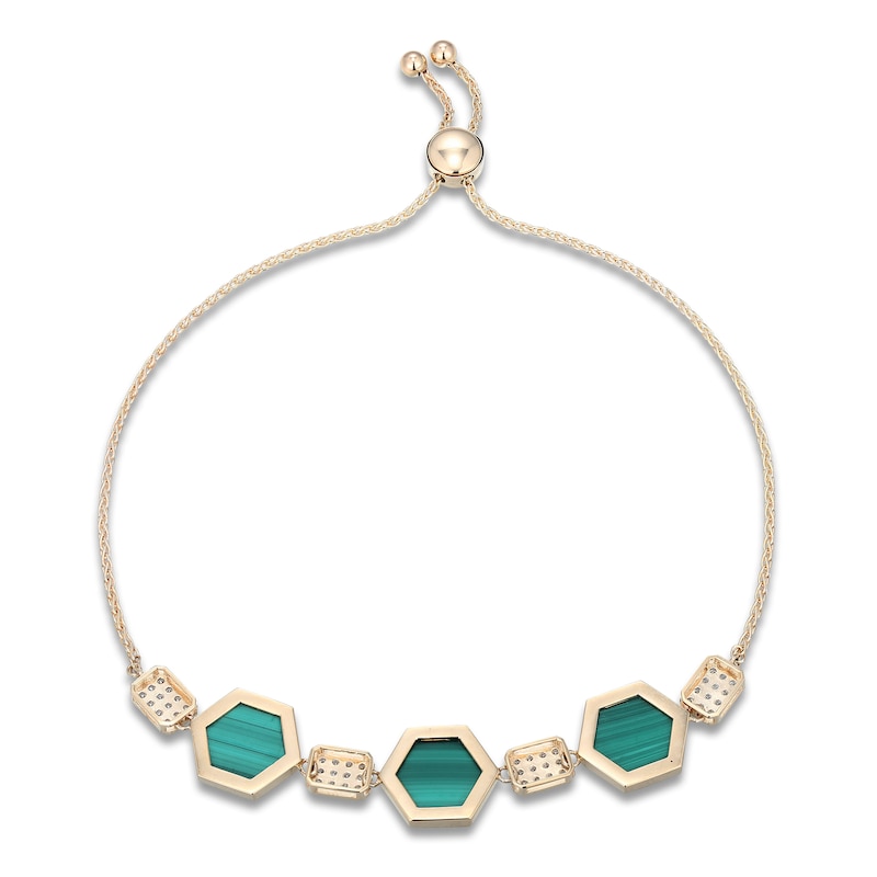 Main Image 3 of Hexagon-Cut Natural Malachite & Diamond Bolo Bracelet 1/4 ct tw 14K Yellow Gold 9"