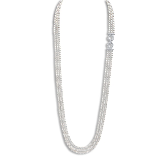 Yoko London Cultured Pearl Three-Strand Necklace With Diamonds 2 ct tw 18K White Gold 32"