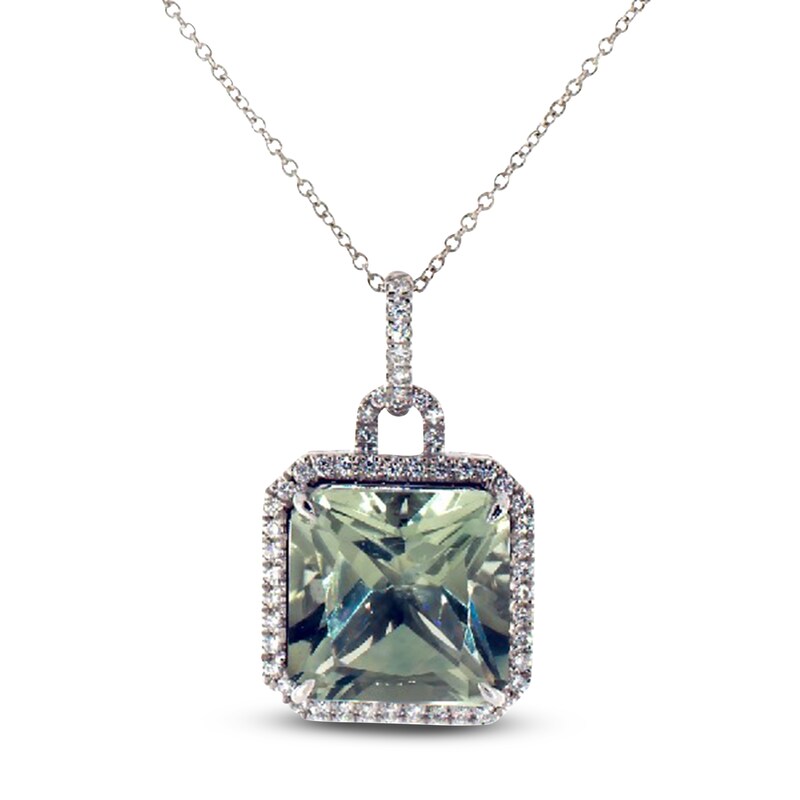 Main Image 1 of Jared Atelier Square-Cut Natural Green Quartz & Certified Diamond Halo Necklace 5/8 ct tw 14K White Gold 19"