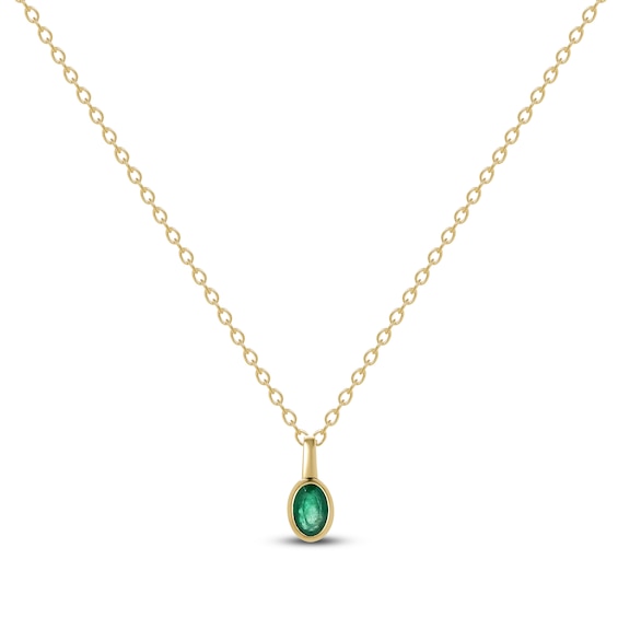 Oval-Cut Natural Emerald Bezel-Set Solitaire Necklace 14K Yellow Gold 17"