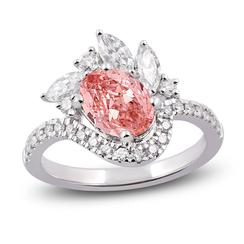 Main Image 1 of Oval-Cut Pink Lab-Grown Diamond and White Lab-Grown Diamond Floral Engagement Ring 2-1/4 ct tw 14K White Gold