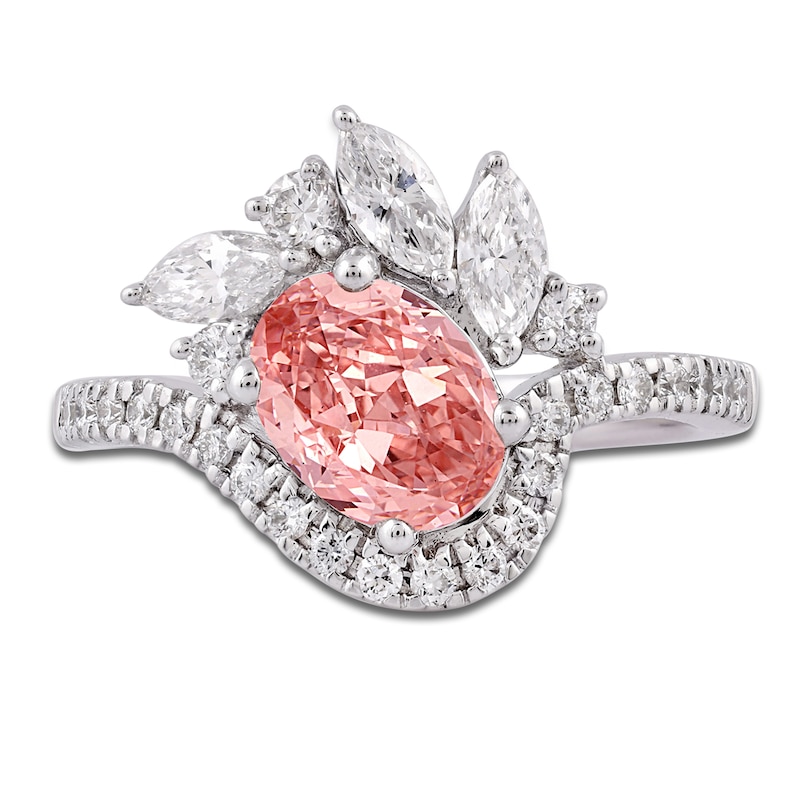 Main Image 3 of Oval-Cut Pink Lab-Grown Diamond and White Lab-Grown Diamond Floral Engagement Ring 2-1/4 ct tw 14K White Gold