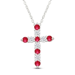 Lab-Created Ruby & White Lab-Created Sapphire Cross Necklace Sterling Silver 18"