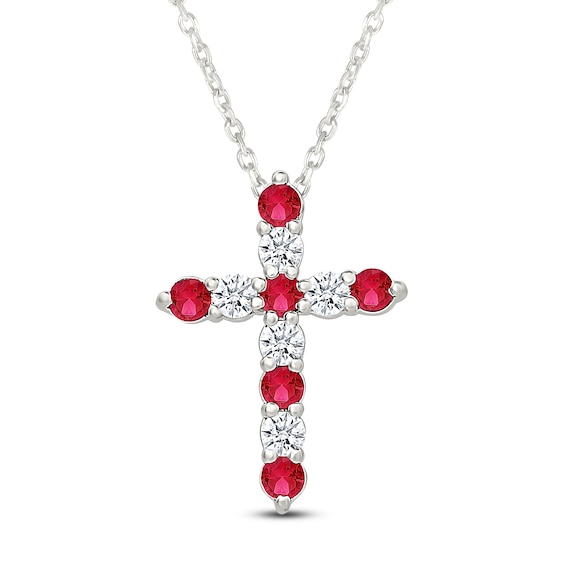 Lab-Created Ruby & White Lab-Created Sapphire Cross Necklace Sterling Silver 18"