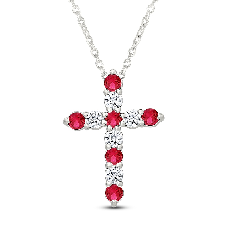 Main Image 1 of Lab-Created Ruby & White Lab-Created Sapphire Cross Necklace Sterling Silver 18"
