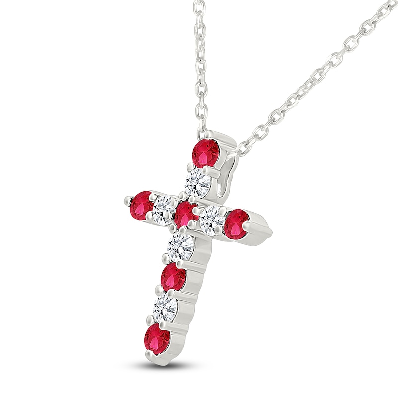 Main Image 2 of Lab-Created Ruby & White Lab-Created Sapphire Cross Necklace Sterling Silver 18"