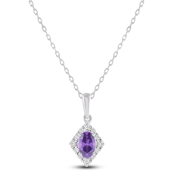 Oval-Cut Natural Amethyst & Diamond Frame Necklace 1/10 ct tw 14K White Gold 18"