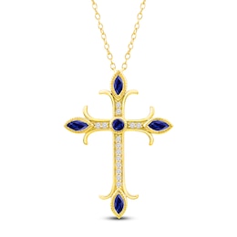 Marquise & Round-Cut Natural Blue Sapphire & Diamond Cross Necklace 1/10 ct tw 14K Yellow Gold 18"