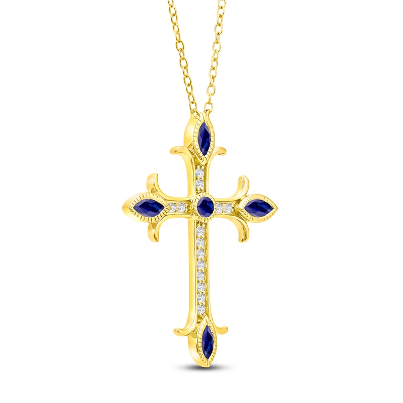 Main Image 2 of Marquise & Round-Cut Natural Blue Sapphire & Diamond Cross Necklace 1/10 ct tw 14K Yellow Gold 18"