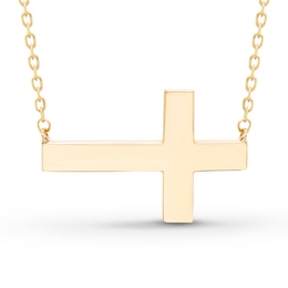 Engravable Sideways Cross Necklace 14K Yellow Gold 18" Adjustable