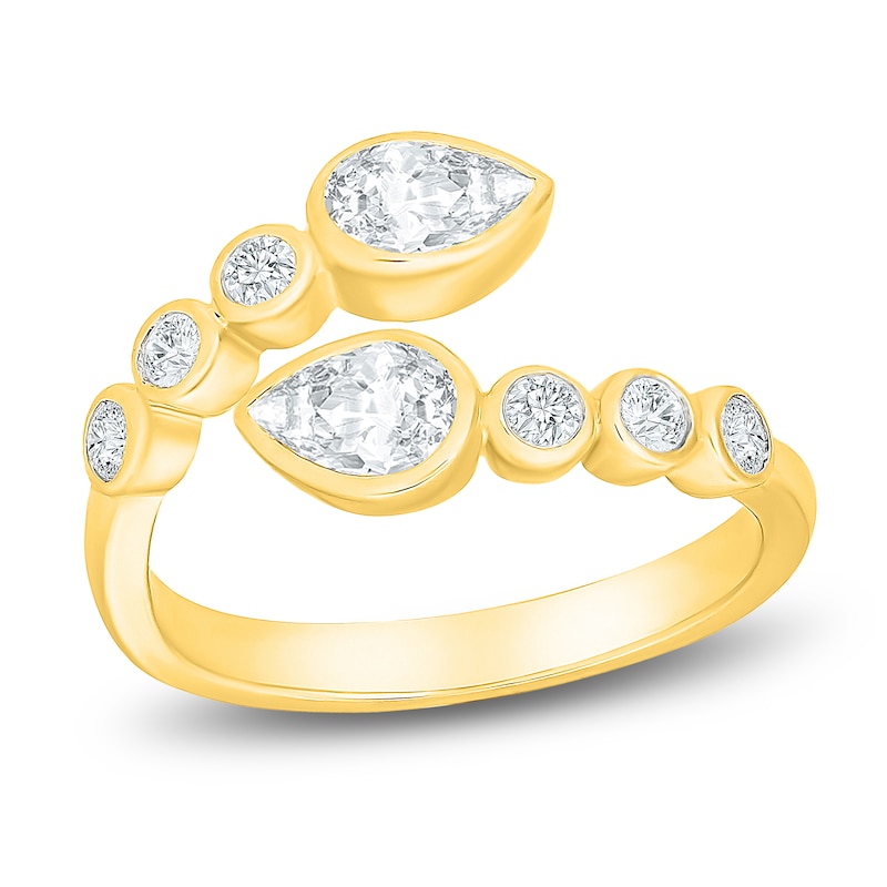 Main Image 1 of Jared Signature Bezel Collection Pear-Shaped & Round-Cut Lab-Grown Diamond Bypass Ring 7/8 ct tw 14K Yellow Gold