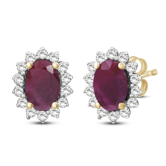 Oval-Cut Certified Natural Ruby & Diamond Starburst Halo Stud Earrings 1/4 ct tw 14K Yellow Gold