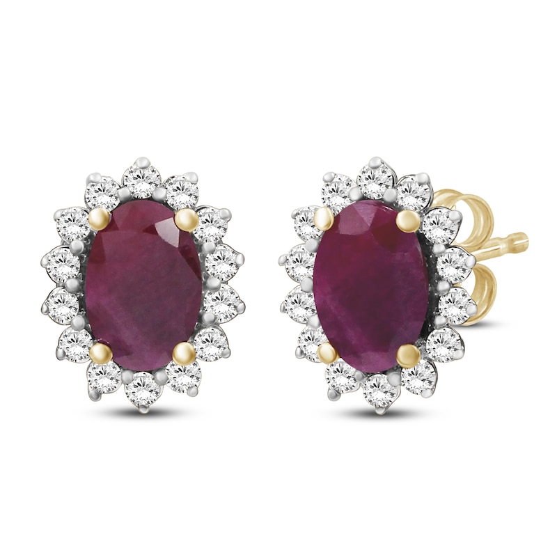 Main Image 1 of Oval-Cut Certified Natural Ruby & Diamond Starburst Halo Stud Earrings 1/4 ct tw 14K Yellow Gold