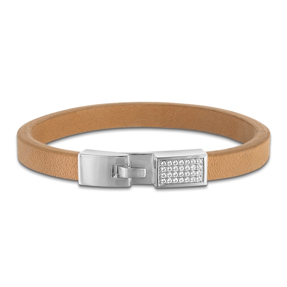 1933 by Esquire Men's Natural White Sapphire Tan Leather Bracelet Sterling Silver 8.5"