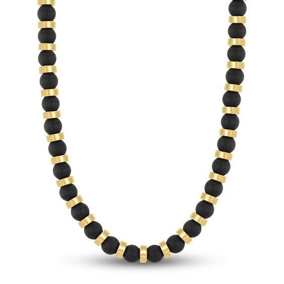 Men's Natural Black Onyx Bead Necklace Yellow Ion-Plated Stainless Steel 20"
