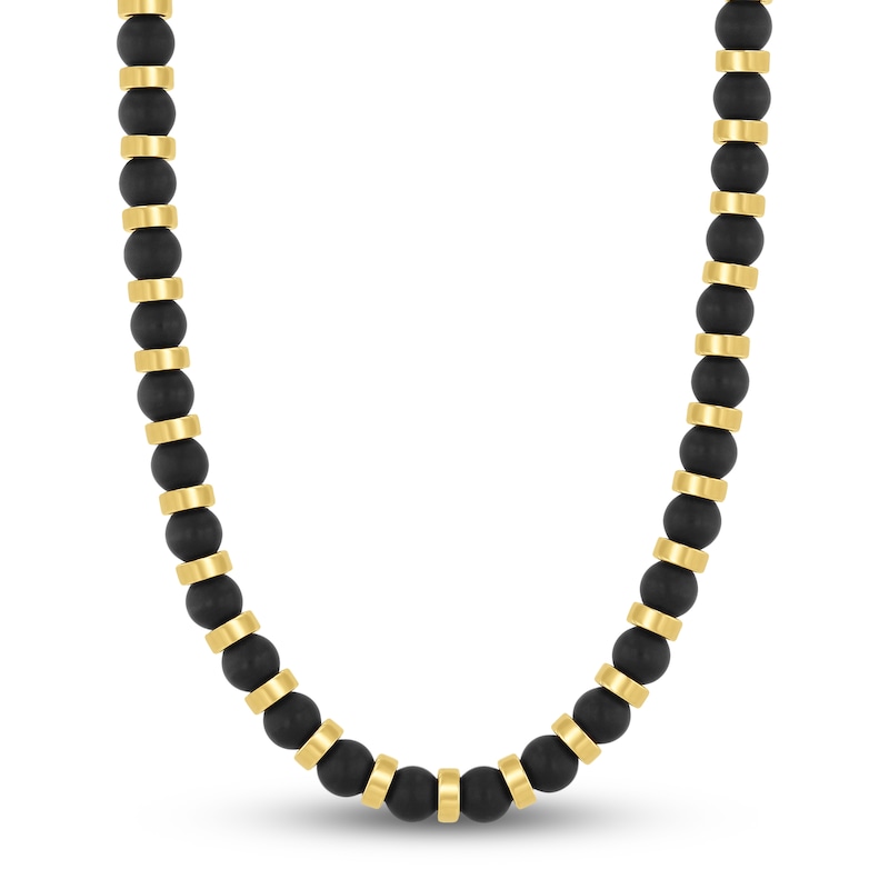 Main Image 1 of Men's Natural Black Onyx Bead Necklace Yellow Ion-Plated Stainless Steel 20"