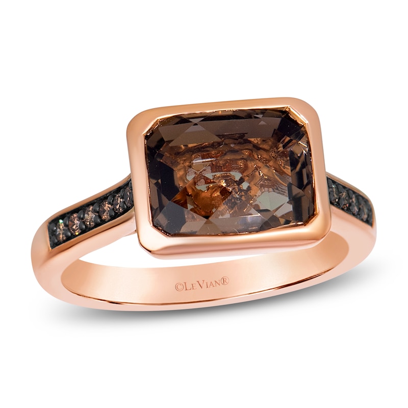 Main Image 1 of Le Vian Rectangle-Cut Natural Chocolate Quartz Ring 1/5 ct tw Diamonds 14K Strawberry Gold