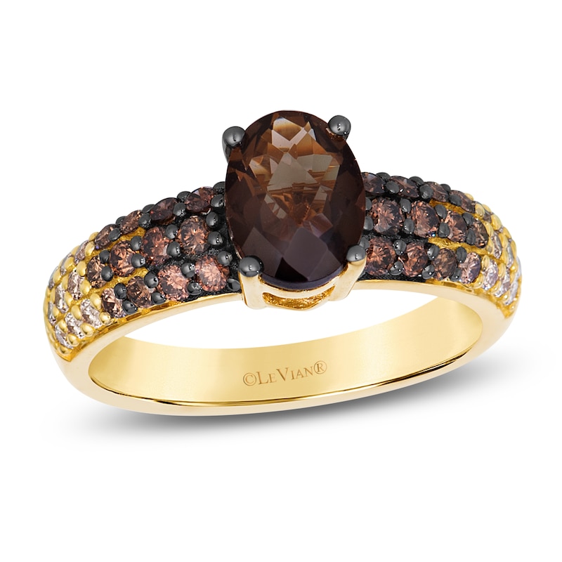 Main Image 1 of Le Vian Oval-Cut Natural Chocolate Quartz Ring 5/8 ct tw Diamonds 14K Honey Gold