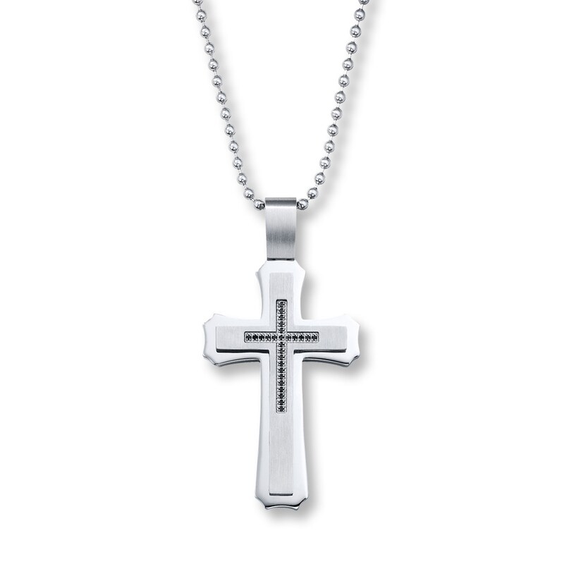 Main Image 1 of Men's Cross Necklace 1/6 ct tw Black Diamonds Stainless Steel