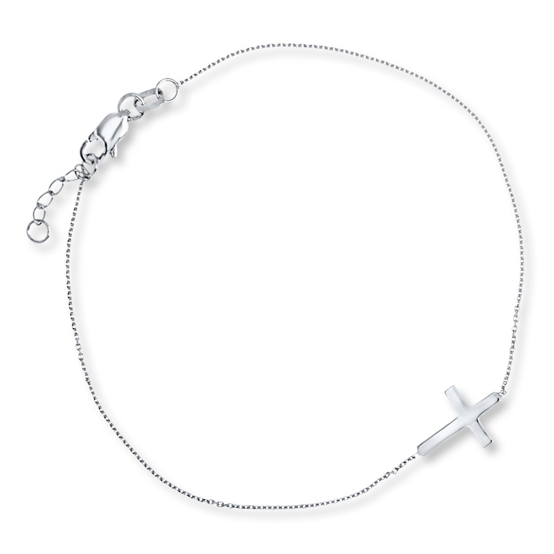 Main Image 1 of Sideways Cross Bracelet 14K White Gold 7" Adjustable Length