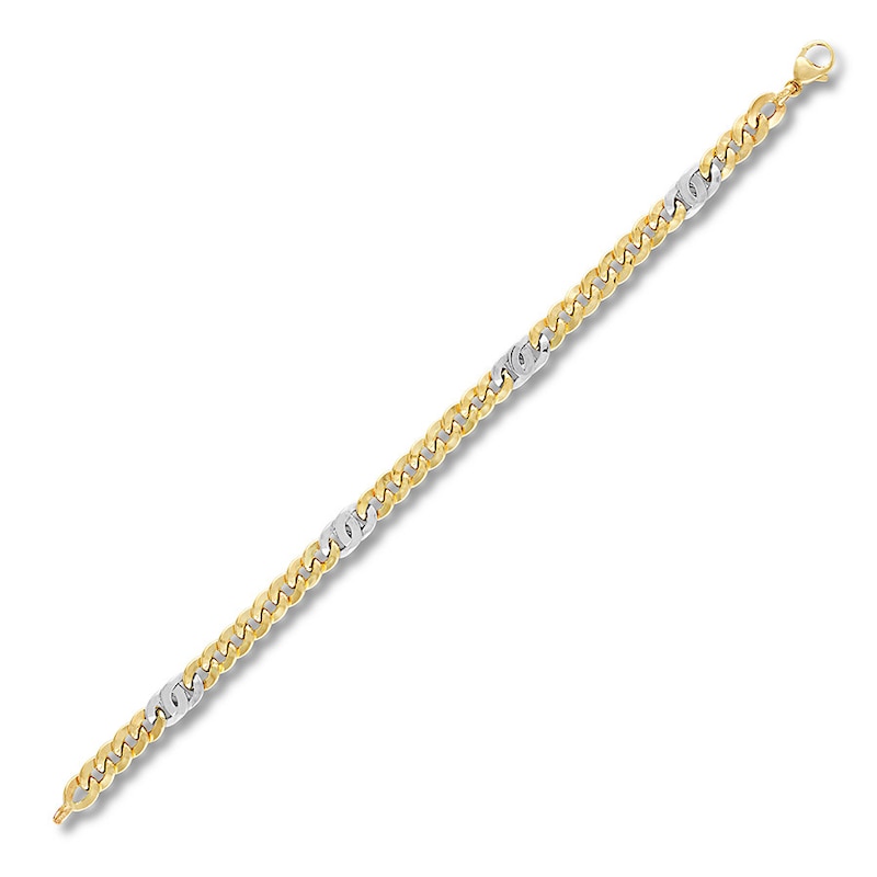 Main Image 1 of Semi-Solid Curb Chain Link Bracelet 10K Two-Tone Gold 8.5" 7mm