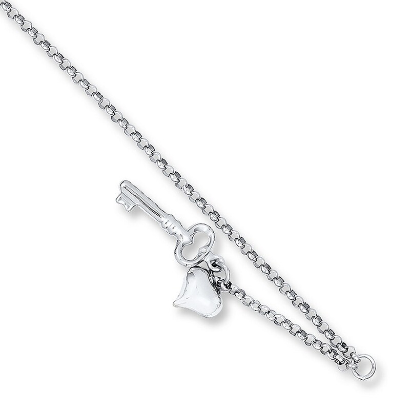Main Image 1 of Heart & Key Anklet 14K White Gold 9"