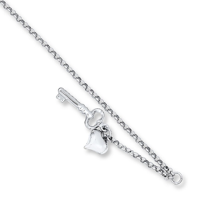 Heart & Key Anklet 14K White Gold 9"