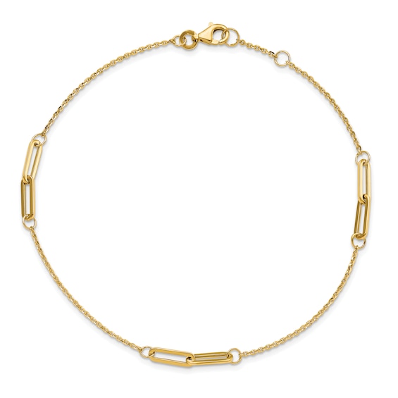 Paperclip Link Stations Anklet 14K Yellow Gold 9"
