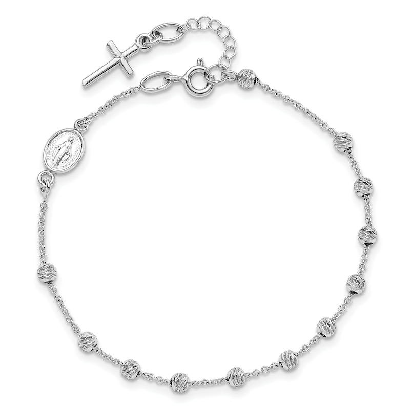 Diamond Cut Cross and Miraculous Medal Bracelet 14K White Gold 6"