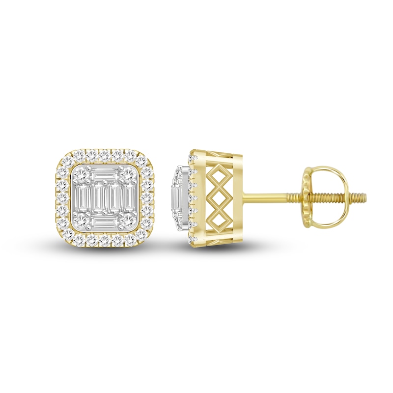 Main Image 2 of Men's Diamond Stud Earrings 1/2 ct tw Baguette/Round 10K Yellow Gold