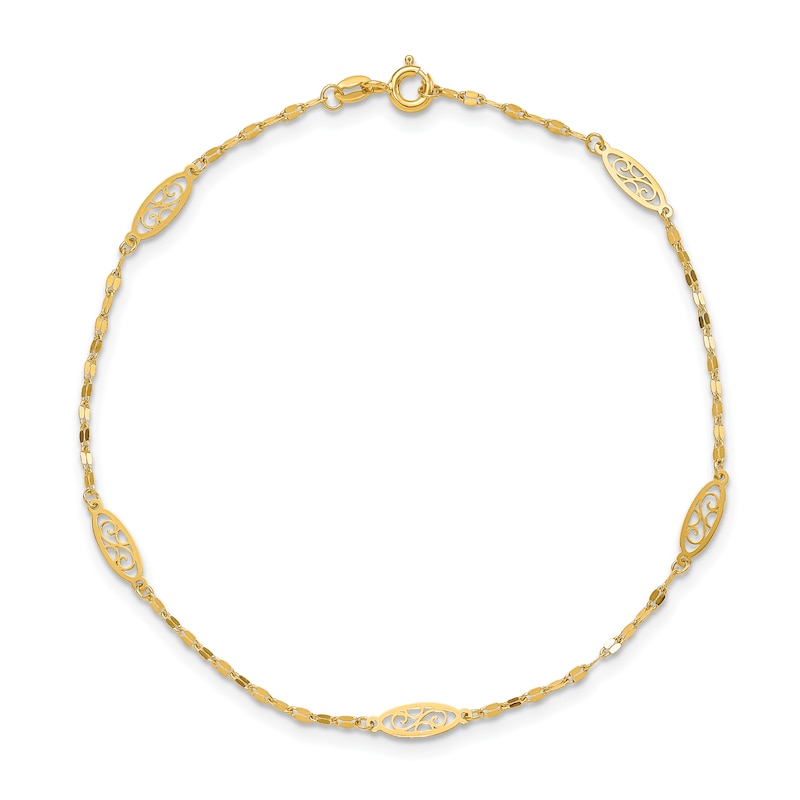 Fancy Filigree Anklet 14K Yellow Gold 9"