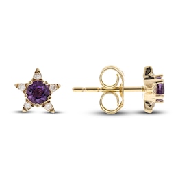 Natural Amethyst Star Stud Earrings 1/20 ct tw Diamonds 14K Yellow Gold